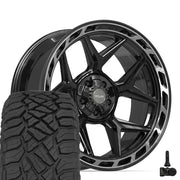 Set(4) 22x10 4P55 Gloss Black Brushed with Tinted Clear - 5x127 &amp; 5x139.7 -18ET with 285/45r22 Sailun TerraMax RT Tires &amp; TPMS
