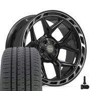 22" 4PLAY Wheels fit GM-Ford-Lincoln-Nissan-Toyota - 4P55 Gloss Black Brushed with Tinted Clear 22x10, Bridgestone Tires &amp; TPMS Set