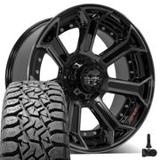 22" 4PLAY Wheels fit Ram-Dodge-Jeep-GM-Ford - 4P70 Gloss Black Brushed with Tinted Clear 22x10, TBB Tires &amp; TPMS Set