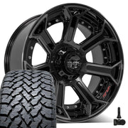 22" 4PLAY Wheels fit Ram-Dodge-Jeep-GM-Ford - 4P70 Gloss Black Brushed with Tinted Clear 22x10, TBB Tires &amp; TPMS Set