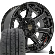 Set(4) 22x10 4P70 Gloss Black Brushed with Tinted Clear - 5x127 &amp; 5x139.7 -24ET with 285/45r22 Bridgestone Dueler Alenza HL Tires &amp; TPMS