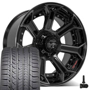 22" 4PLAY Wheels fit Ram-Dodge-Jeep-GM-Ford - 4P70 Gloss Black Brushed with Tinted Clear 22x10, Goodyear Tires &amp; TPMS Set
