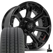 22" 4PLAY Wheels fit Ram-Dodge-Jeep-GM-Ford - 4P70 Gloss Black Brushed with Tinted Clear 22x10, Bridgestone Tires &amp; TPMS Set