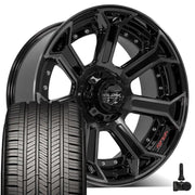 22" 4PLAY Wheels fit Ram-Dodge-Jeep-GM-Ford - 4P70 Gloss Black Brushed with Tinted Clear 22x10, Goodyear Tires &amp; TPMS Set