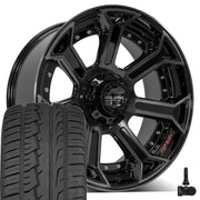 22" 4PLAY Wheels fit Ram-Dodge-Jeep-GM-Ford - 4P70 Gloss Black Brushed with Tinted Clear 22x10, Ironman Tires &amp; TPMS Set