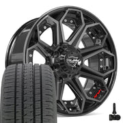 Set(4) 20x9 4P80R Gloss Black Brushed with Tinted Clear - 5x127 &amp; 5x139.7 +0ET with 275/55r20 Bridgestone Dueler Alenza HL Plus Tires &amp; TPMS