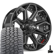 Set(5) 20x9 4P80R Gloss Black Brushed with Tinted Clear - 5x127 &amp; 5x139.7 +0ET with 275/55r20 Sailun TerraMax AT2 Tires &amp; TPMS