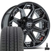4PLAY 4P80 20x9 6x139.7 Gloss Black Brushed with Tinted Clear Wheels 275-55-20 Bridgestone Dueler Alenza HL Plus Tires TPMS SET