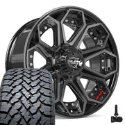 Set(4) 20x9 4P80R Gloss Black Brushed with Tinted Clear - 6x135 &amp; 6x139.7 +0ET with 275/55r20 TBB TS-37 AT Tires &amp; TPMS