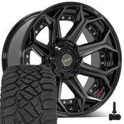 Set(5) 22x10 4P80R Gloss Black Brushed with Tinted Clear - 5x127 &amp; 5x139.7 -24ET with 33x12.50r22 Sailun TerraMax RT Tires &amp; TPMS