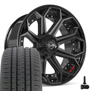 Set(4) 22x10 4P80R Gloss Black Brushed with Tinted Clear - 6x135 &amp; 6x139.7 -18ET with 285/45r22 Bridgestone Dueler Alenza HL Tires &amp; TPMS