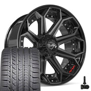 Set(4) 22x10 4P80R Gloss Black Brushed with Tinted Clear - 6x135 &amp; 6x139.7 -18ET with 285/45r22 Goodyear Eagle Sport Tires &amp; TPMS