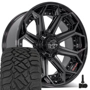 Set(4) 22x10 4P80R Gloss Black Brushed with Tinted Clear - 6x135 &amp; 6x139.7 -18ET with 33x12.50r22 Sailun TerraMax RT Tires &amp; TPMS