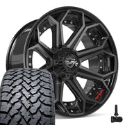 Set(4) 22x10 4P80R Gloss Black Brushed with Tinted Clear - 6x135 &amp; 6x139.7 -18ET with 285/45r22 TBB TS-37 AT Tires &amp; TPMS