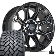 4PLAY 4P83 20x9 5x127 + 5x139.7 Gloss Black Brushed with Tinted Clear Wheels 275-55-20 TBB TS-37 AT Tires TPMS SET