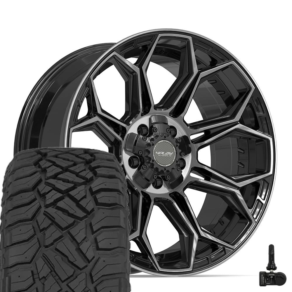 4PLAY 4P83 20x9 5-Lug 28mm Brush Black Rim Tire TPMS Set For Jeep – OE ...