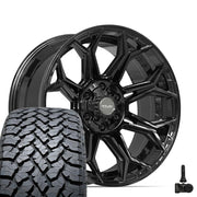 Set(4) 20x9 4P83 Gloss Black - 6x135 &amp; 6x139.7 +0ET with 275/55r20 TBB TS-37 AT Tires &amp; TPMS