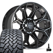 4PLAY 4P83 20x9 6x135 + 6x139.7 Gloss Black Brushed with Tinted Clear Wheels 275-55-20 TBB TS-37 AT Tires TPMS SET