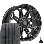 22" 4PLAY Wheels fit GM-Ford-Lincoln-Nissan-Toyota - 4P83 Gloss Black Brushed with Tinted Clear 22x9, Bridgestone Tires &amp; TPMS Set