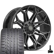 22" 4PLAY Wheels fit GM-Ford-Lincoln-Nissan-Toyota - 4P83 Gloss Black Brushed with Tinted Clear 22x9, Goodyear Tires &amp; TPMS Set