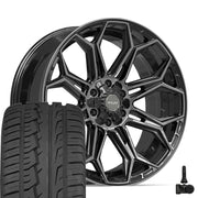 22" 4PLAY Wheels fit GM-Ford-Lincoln-Nissan-Toyota - 4P83 Gloss Black Brushed with Tinted Clear 22x9, Ironman Tires &amp; TPMS Set