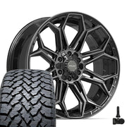 22" 4PLAY Wheels fit GM-Ford-Lincoln-Nissan-Toyota - 4P83 Gloss Black Brushed with Tinted Clear 22x9, TBB Tires &amp; TPMS Set