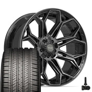 Set(5) 22x10 4P83 Gloss Black Brushed with Tinted Clear - 5x127 &amp; 5x139.7 -18ET with 285/45r22 Goodyear Eagle Touring Tires &amp; TPMS
