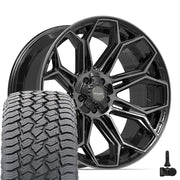Set(5) 22x10 4P83 Gloss Black Brushed with Tinted Clear - 5x127 &amp; 5x139.7 -18ET with 285/45r22 Sailun TerraMax AT2 Tires &amp; TPMS