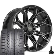 Set(4) 22x10 4P83 Gloss Black Brushed with Tinted Clear - 6x135 &amp; 6x139.7 -18ET with 285/45r22 Goodyear Eagle Sport Tires &amp; TPMS