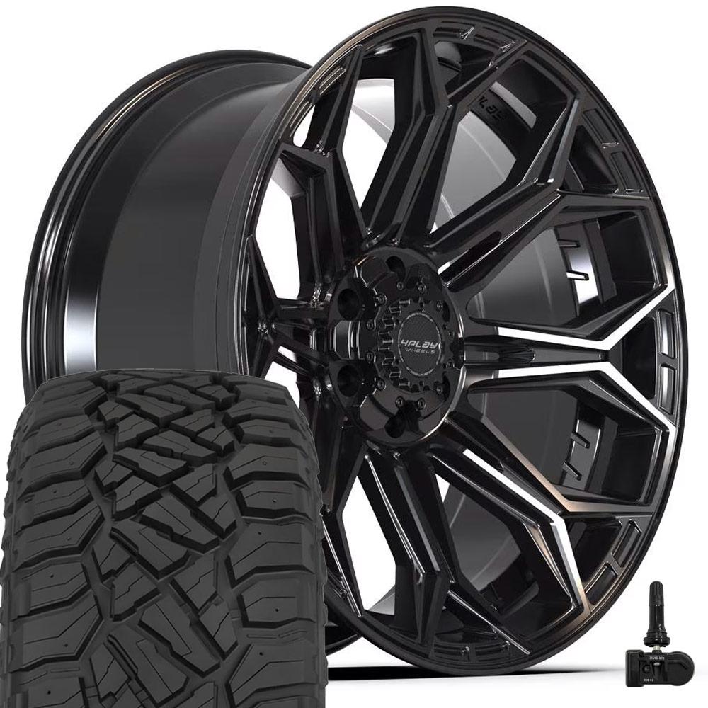 4PLAY 4P83 22x10 6-Lug 44mm Brush Black Rim Tire TPMS Set For Jeep – OE ...