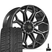 24" 4PLAY Wheels fit GM-Ford-Lincoln-Nissan-Toyota - 4P83 Gloss Black Brushed with Tinted Clear 24x10, Ironman Tires &amp; TPMS Set