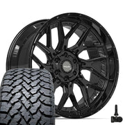 Set(4) 22x10 4PL28 Gloss Black - 6x135 &amp; 6x139.7 -18ET with 285/45r22 TBB TS-37 AT Tires &amp; TPMS