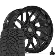 Set(4) 22x10 4PL28 Gloss Black - 6x135 &amp; 6x139.7 -18ET with 33x12.50r22 Sailun TerraMax RT Tires &amp; TPMS