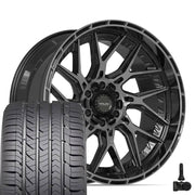 Set(4) 22x10 4PL28 Gloss Black Brushed with Tinted Clear - 6x135 &amp; 6x139.7 -18ET with 285/45r22 Goodyear Eagle Sport Tires &amp; TPMS