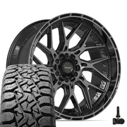 Set(4) 22x10 4PL28 Gloss Black Brushed with Tinted Clear - 6x135 &amp; 6x139.7 -18ET with 33x12.50r22 TBB TS-57 RT Tires &amp; TPMS