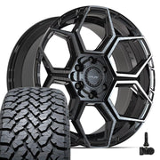 4PLAY 4PS26 20x9 6x135 + 6x139.7 Gloss Black Brushed with Tinted Clear Wheels 275-55-20 TBB TS-37 AT Tires TPMS SET