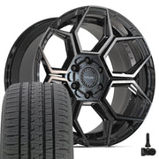 20" 4PLAY Wheels fit GM-Ford-Lincoln-Nissan-Toyota - 4PS26 Gloss Black Brushed with Tinted Clear 20x9, Bridgestone Tires &amp; TPMS Set