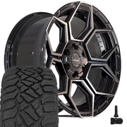 4PLAY 4PS26 22x10 6x135 + 6x139.7 Gloss Black Brushed with Tinted Clear Wheels 285-45-22 Sailun TerraMax RT Tires TPMS SET