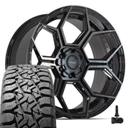 Set(4) 22x10 4PS26 Gloss Black Brushed with Tinted Clear - 6x135 &amp; 6x139.7 +0ET with 33x12.50r22 TBB TS-57 RT Tires &amp; TPMS