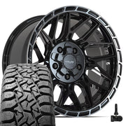 Set(4) 17x9 4PS28 Gloss Black Brushed with Tinted Clear - 5x127 &amp; 5x139.7 -6ET with 33x12.50r17 TBB TS-57 RT Tires &amp; TPMS