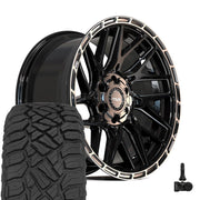 Set(5) 17x9 4PS28 Gloss Black Brushed with Tinted Clear - 5x127 &amp; 5x139.7 -6ET with 33x12.50r17 Sailun TerraMax RT Tires &amp; TPMS