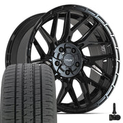 20" 4PLAY Wheels fit Ram-Dodge-Jeep-GM-Ford - 4PS28 Gloss Black Brushed with Tinted Clear 20x9, Bridgestone Tires &amp; TPMS Set