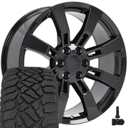 OE Wheels CA82 22x9 6x139.7 Gloss Black Wheels 285-45-22 Sailun TerraMax RT Tires TPMS SET
