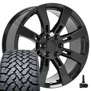 Set(4) 22x9 CA82 Gloss Black - 6x139.7 +31ET with 285/45r22 TBB TS-37 AT Tires &amp; TPMS