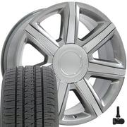 Set(4) 22x9 CA87 Gloss Hyper Silver with Chrome Insert - 6x139.7 +31ET with 285/45r22 Bridgestone Dueler Alenza HL Tires &amp; TPMS
