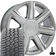 Set(4) 22x9 CA87 Gloss Hyper Silver with Chrome Insert - 6x139.7 +31ET with 285/45r22 Sailun TerraMax AT2 Tires &amp; TPMS