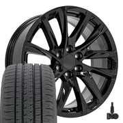 OE Wheels CA90 22x9 6x139.7 Gloss Black Wheels 285-45-22 Bridgestone Dueler Alenza HL Tires TPMS SET