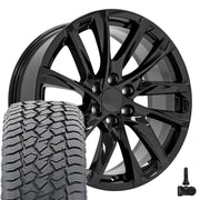 Set(4) 22x9 CA90 Gloss Black - 6x139.7 +28ET with 285/45r22 Sailun TerraMax AT2 Tires &amp; TPMS