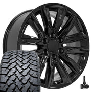Set(4) 20x9 CA91 Gloss Black - 6x139.7 +28ET with 275/55r20 TBB TS-37 AT Tires &amp; TPMS