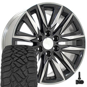 Set(4) 20x9 CA91 Gloss Gunmetal with Polished Face - 6x139.7 +28ET with 275/55r20 Sailun TerraMax RT Tires &amp; TPMS